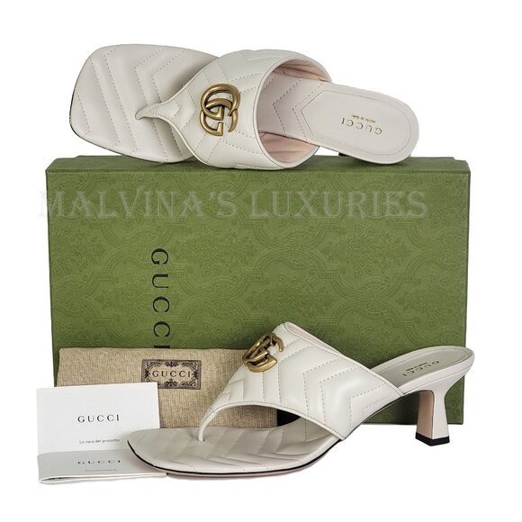 GUCCI SHOES DOUBLE G MARMONT LOGO WHITE QUILTED THONG SANDALS - Picture 3 of 15